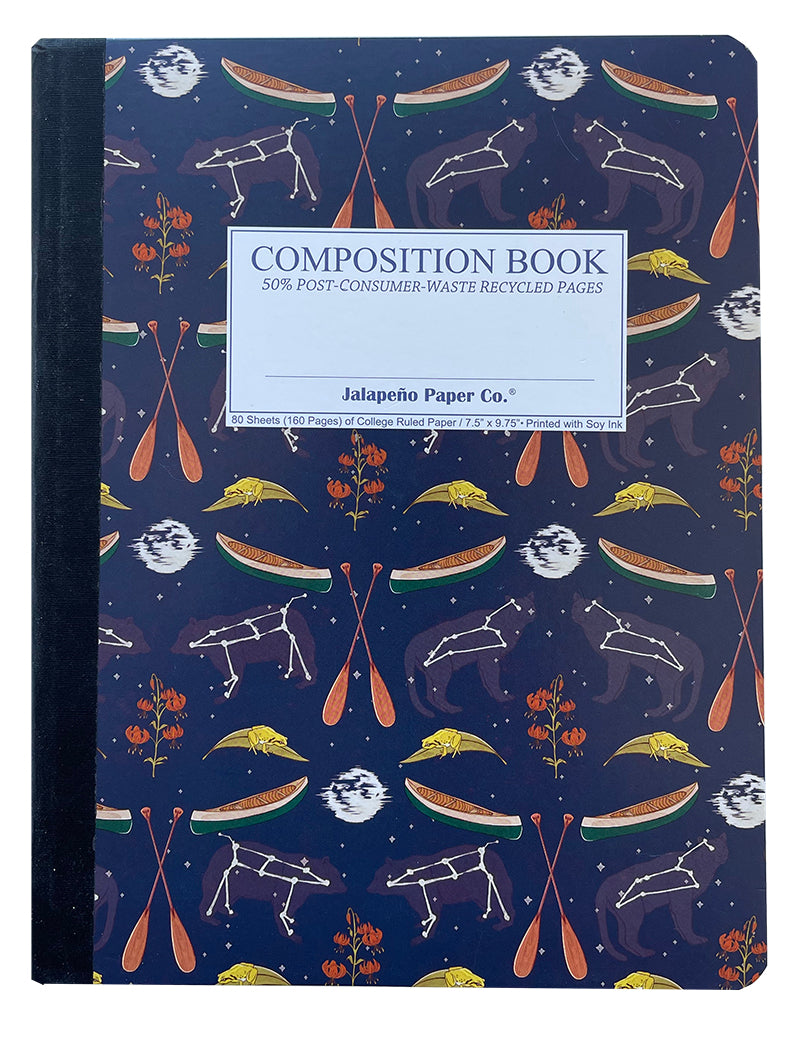 Composition notebook printed with canoes and constellations