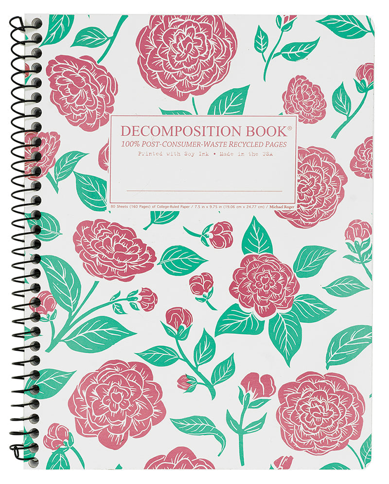 Spiral notebook printed with large flowers in pink and green