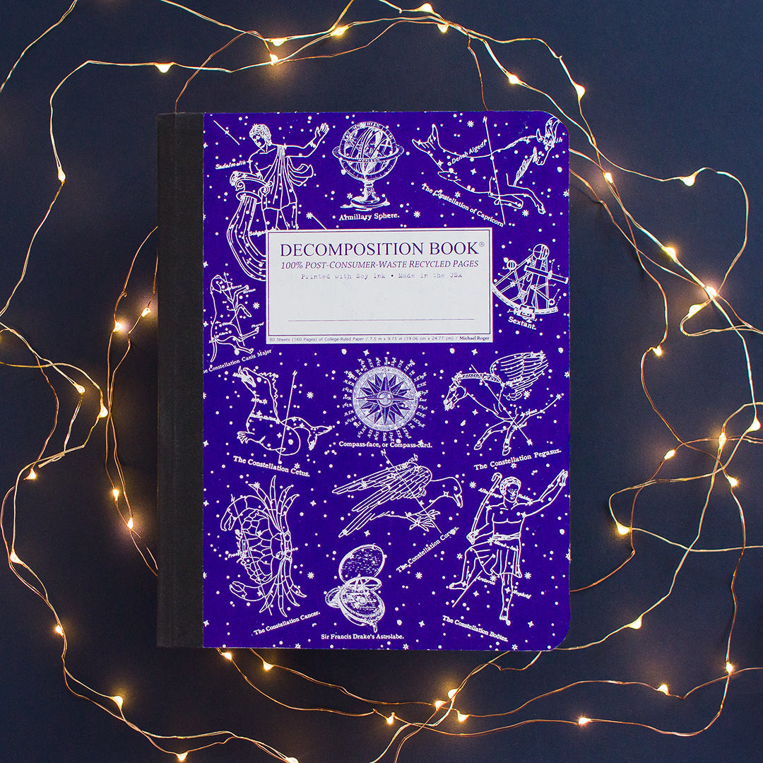 Composition notebook printed with stars and vintage constellation illustrations in blue