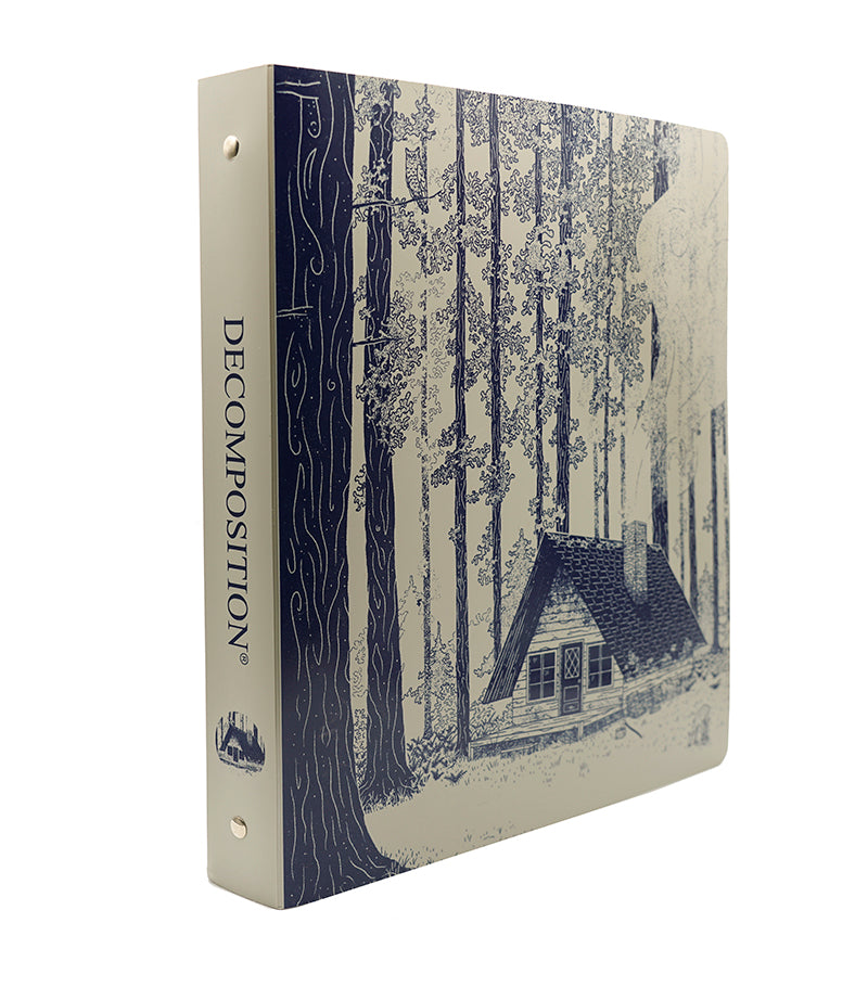 Gray plastic binder printed with a woodsy cabin