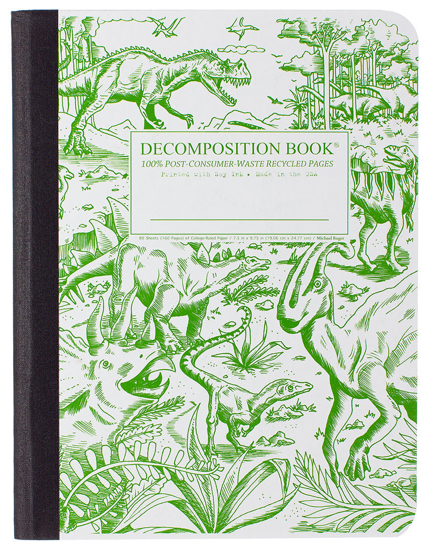 Composition notebook featuring dinosaurs in green