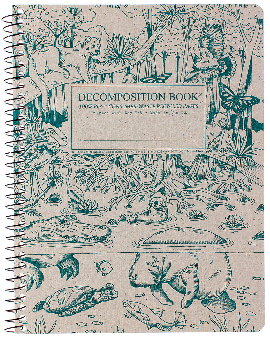 Spiral notebook printed with animals in a marshy forest