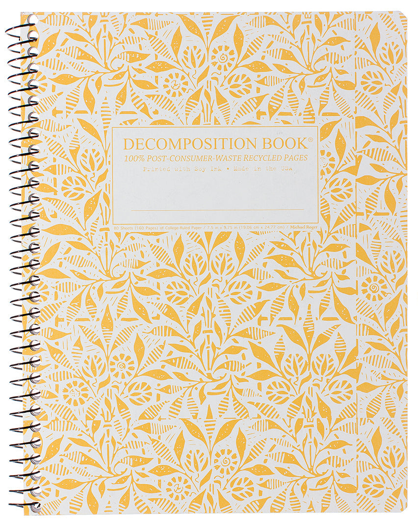 Spiral notebook printed with a yellow floral pattern