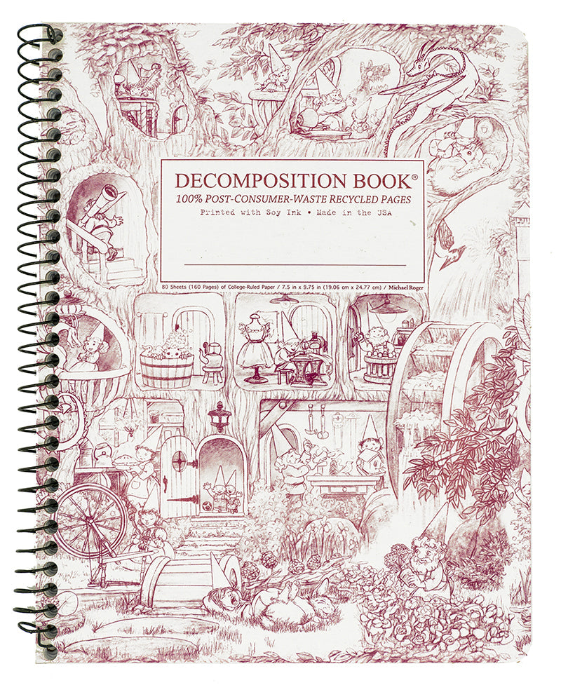 Spiral notebook printed with gnomes inside a treehouse