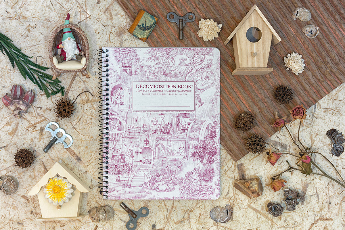 Spiral notebook printed with gnomes inside a treehouse