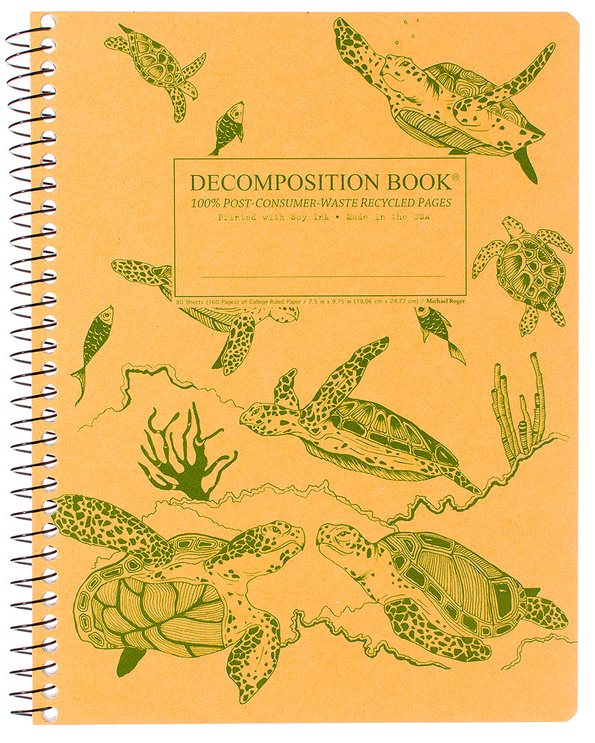 Spiral notebook printed with green turtles on yellow