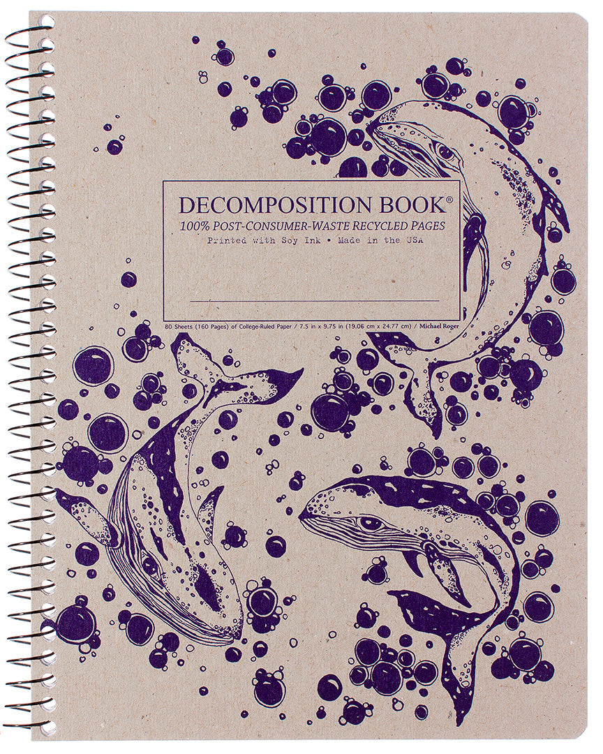 Spiral notebook printed with whales and bubbles in purple