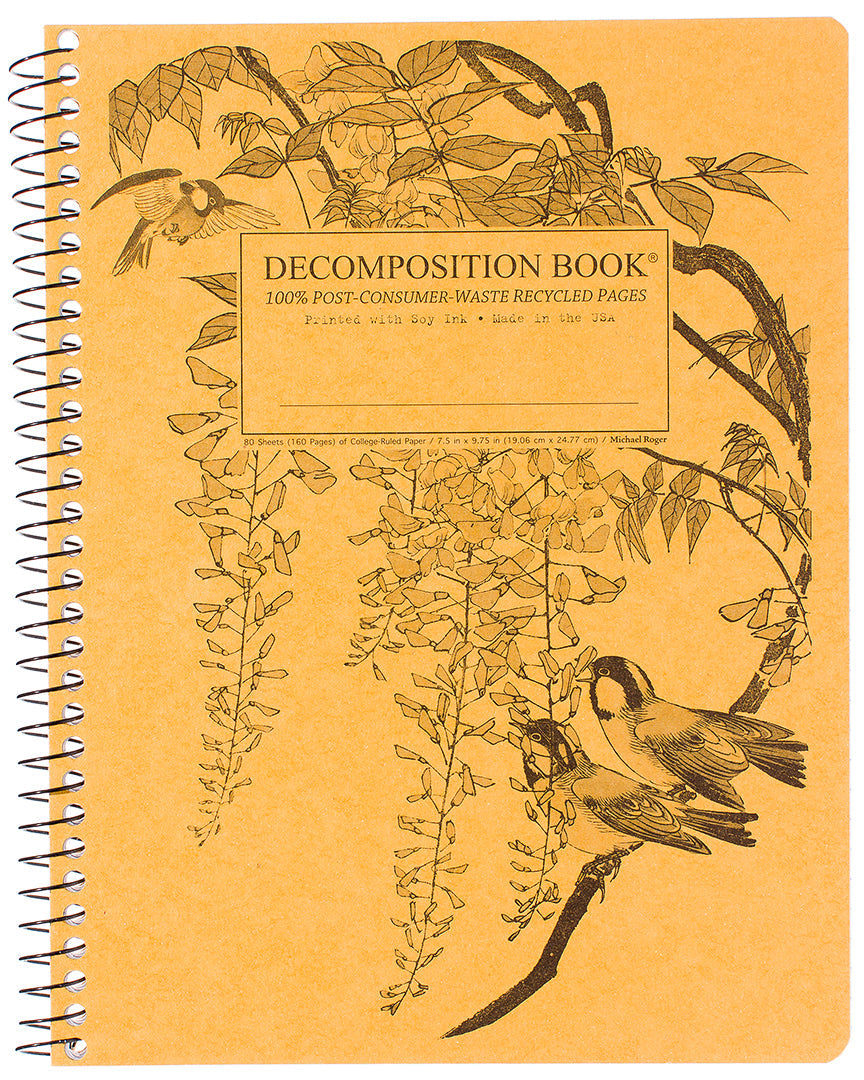 Spiral notebook printed with small birds on a branch