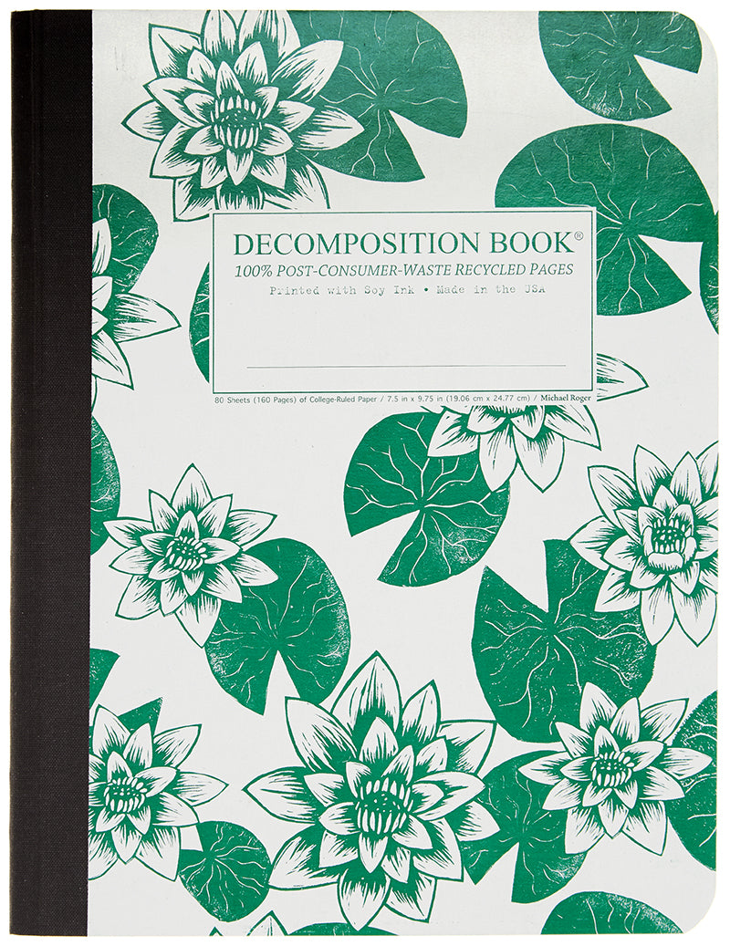 Composition notebook printed with green lily pads and flowers