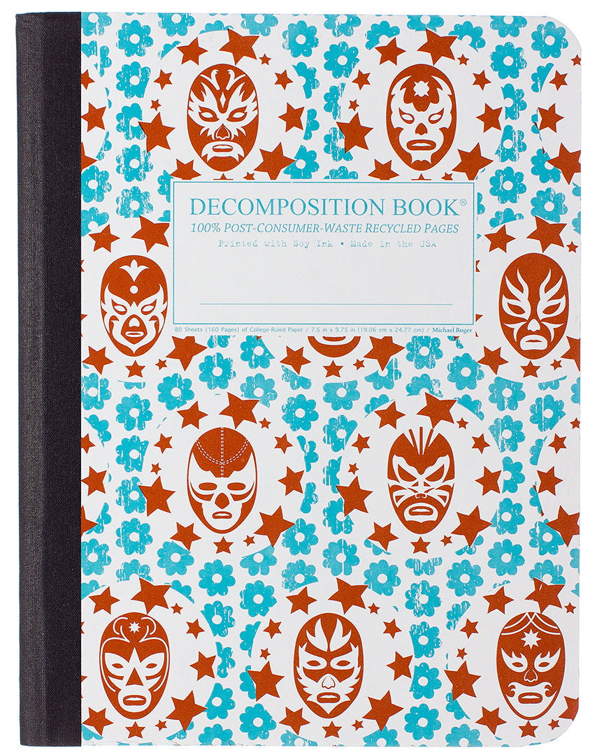 Composition notebook printed with Mexican luchador masks in red and blue