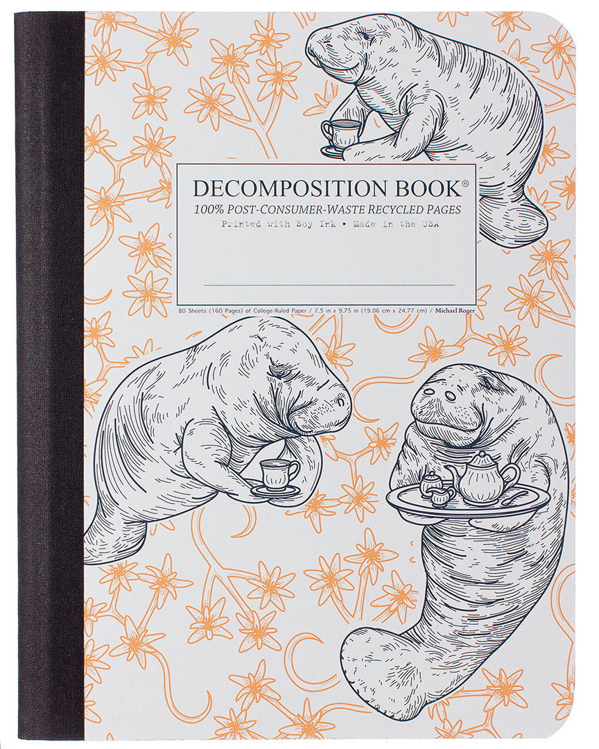 Composition notebook printed with manatees drinking tea