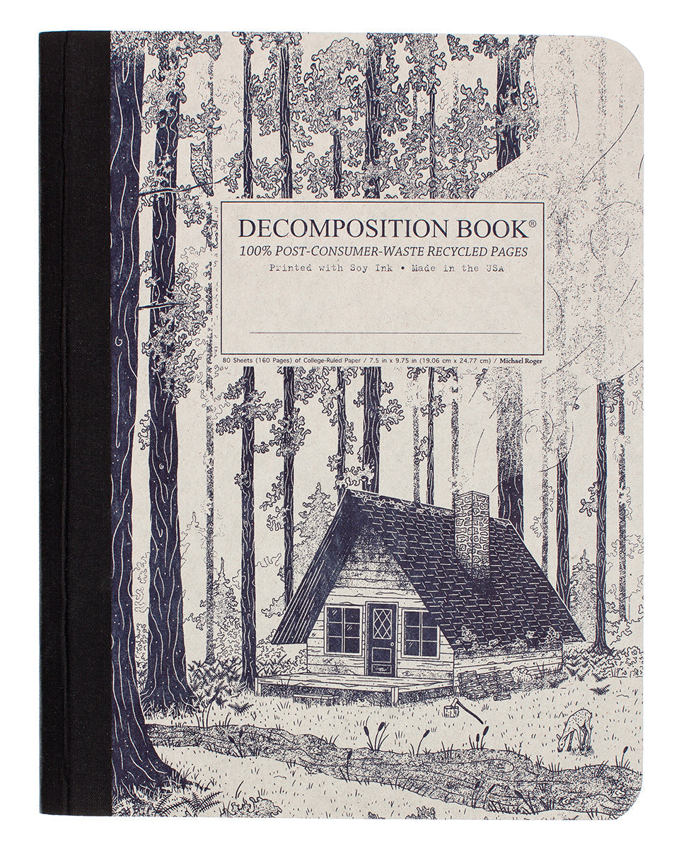 Composition notebook printed with a woodsy cabin in blue