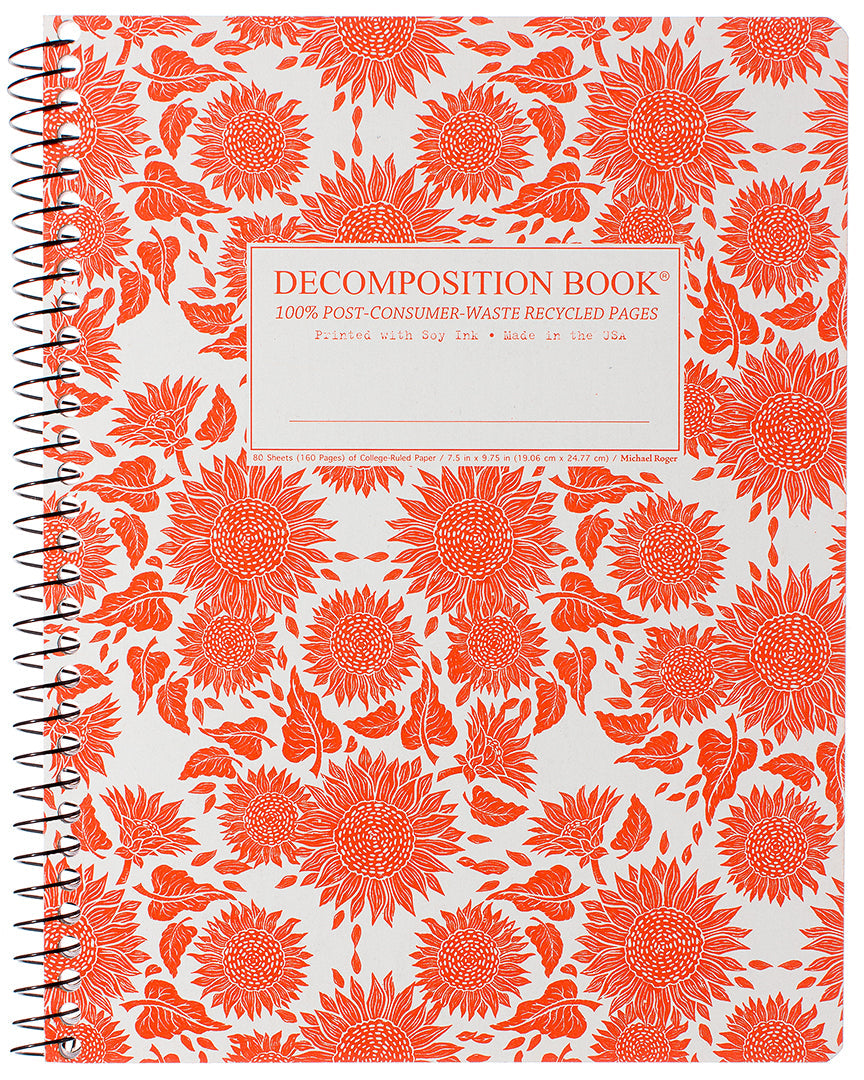 Spiral notebook printed with a bright orange sunflower pattern