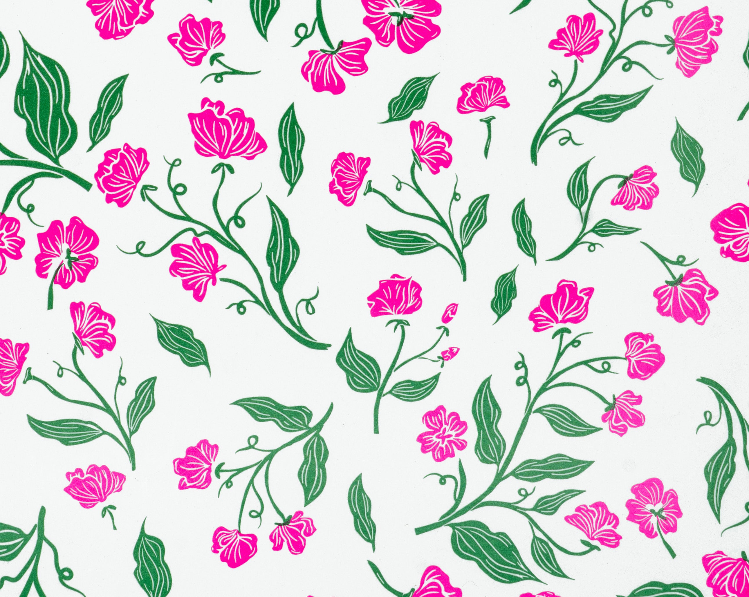 Pattern of pink flowers and green leaves on a white background
