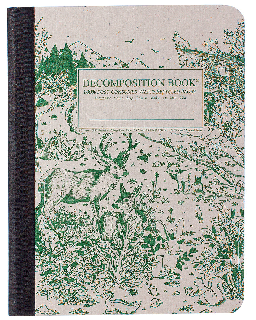 Composition notebook printed with woodland animals in green
