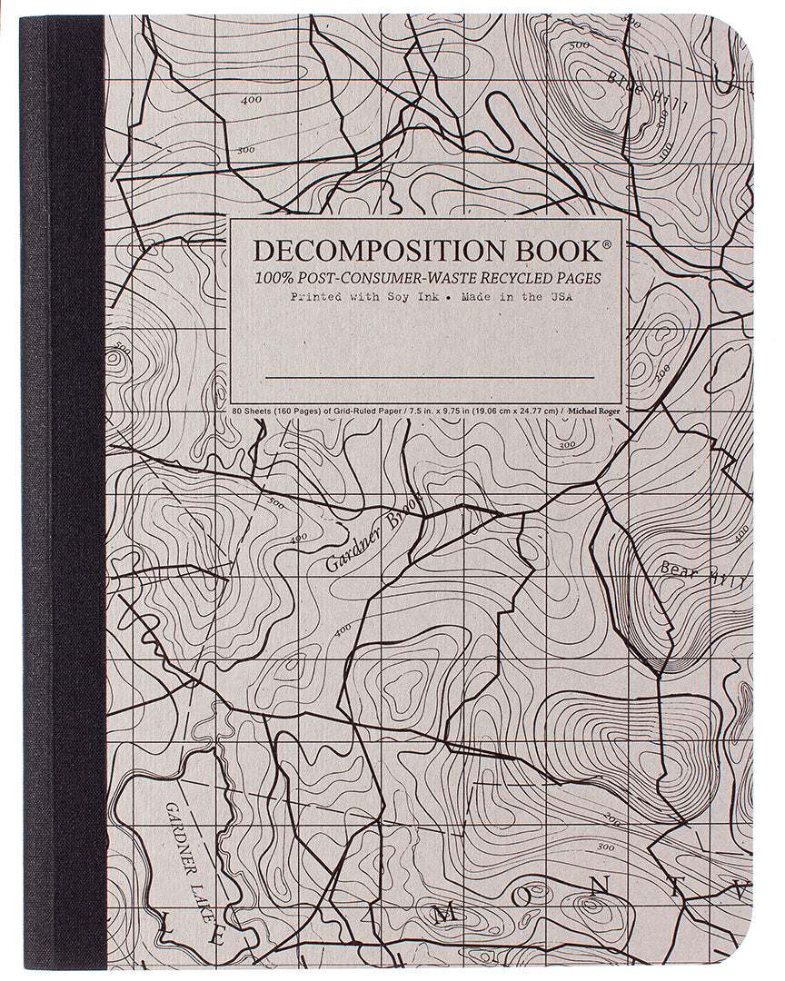 Composition notebook printed with a topographical map theme in gray