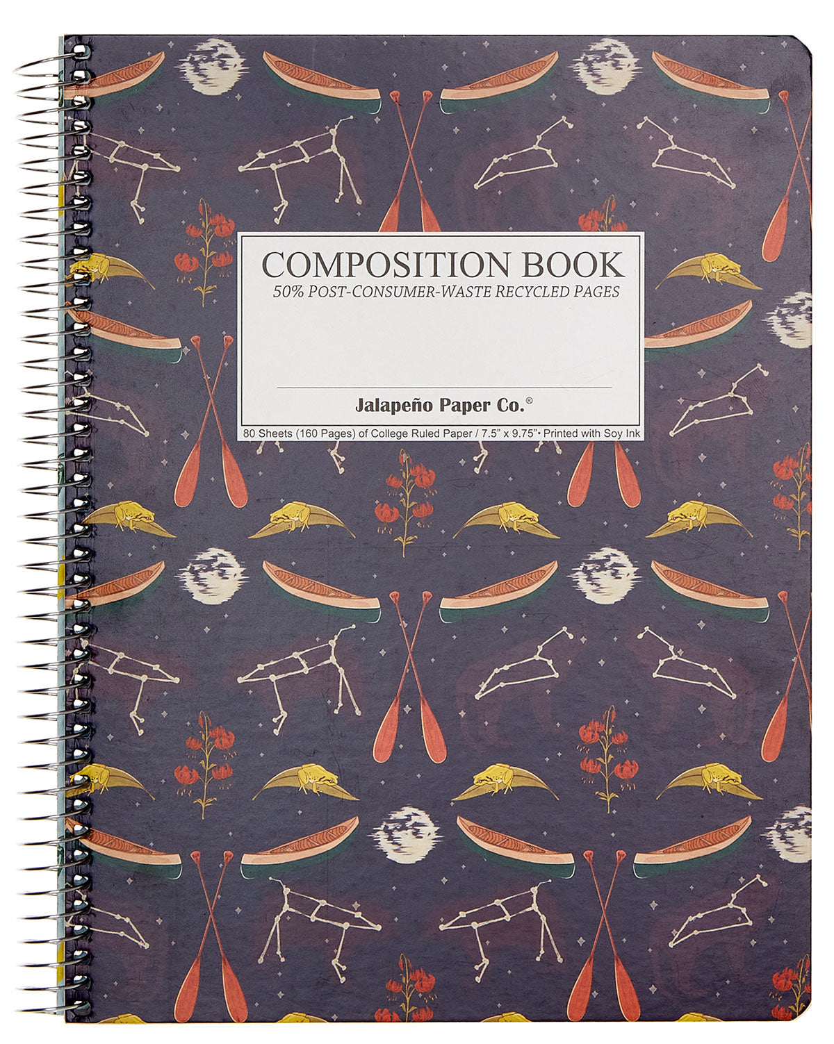 Spiral notebook printed with canoes and constellations