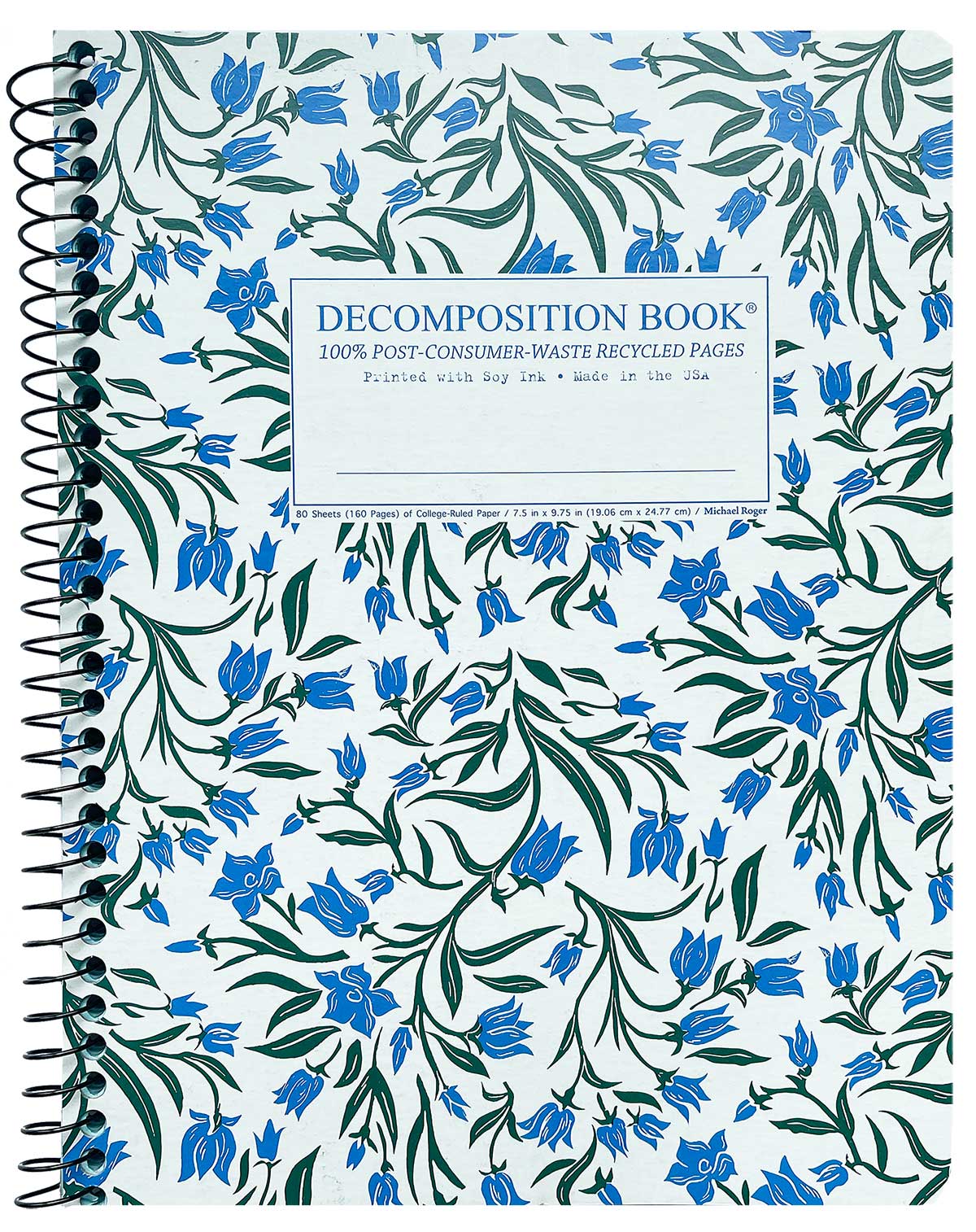 Spiral notebook with a blue and green floral pattern