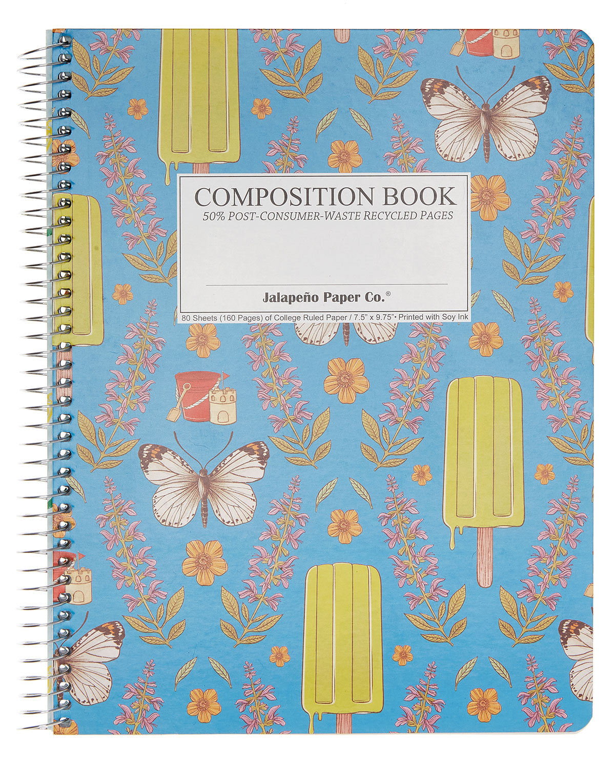 Spiral notebook printed with butterflies and popsicles on a blue background