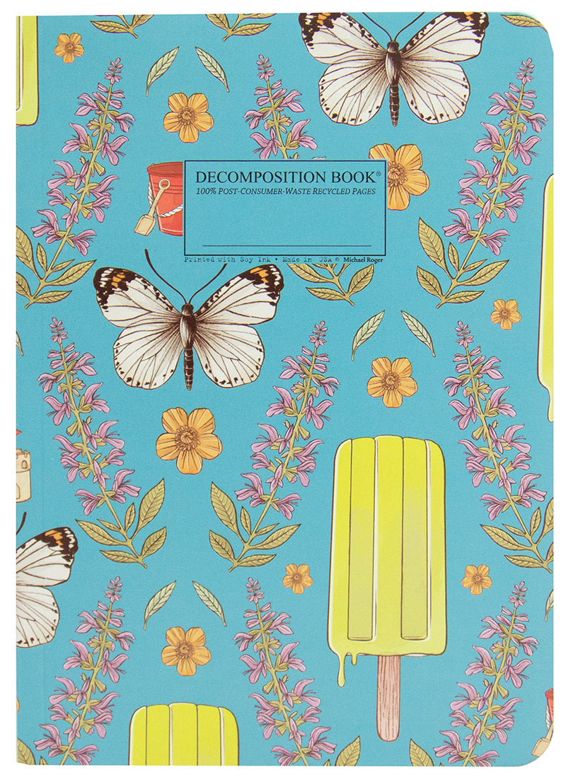 Notebook printed wiht butterflies and popsicles on a blue background