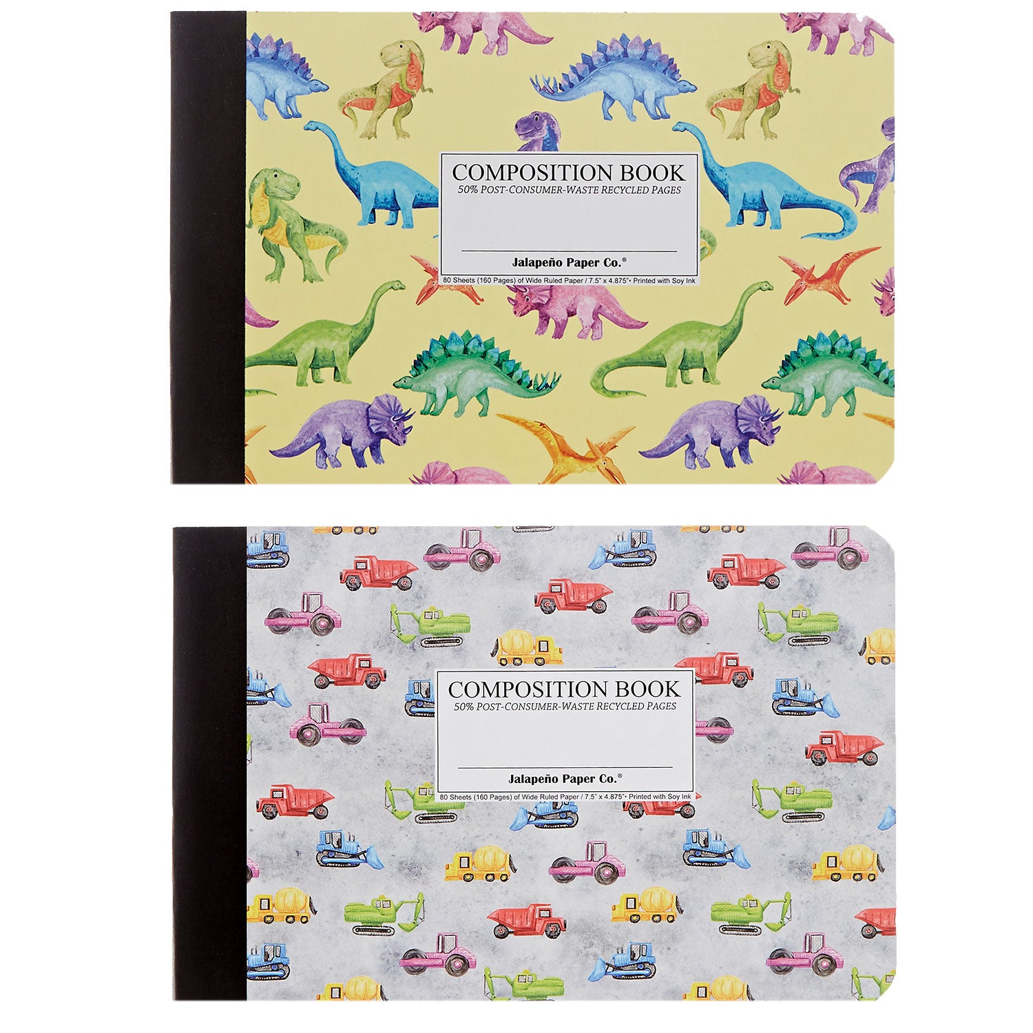 Half-size composition books featuring dinosaurs and construction vehicles