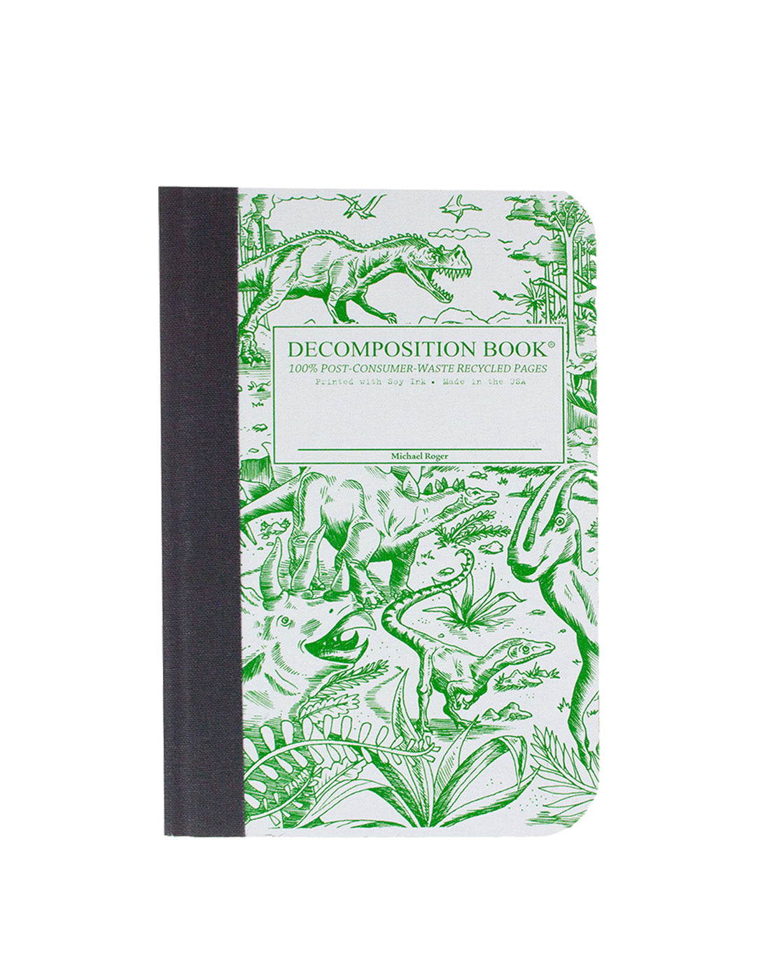 Composition notebook featuring dinosaurs in green
