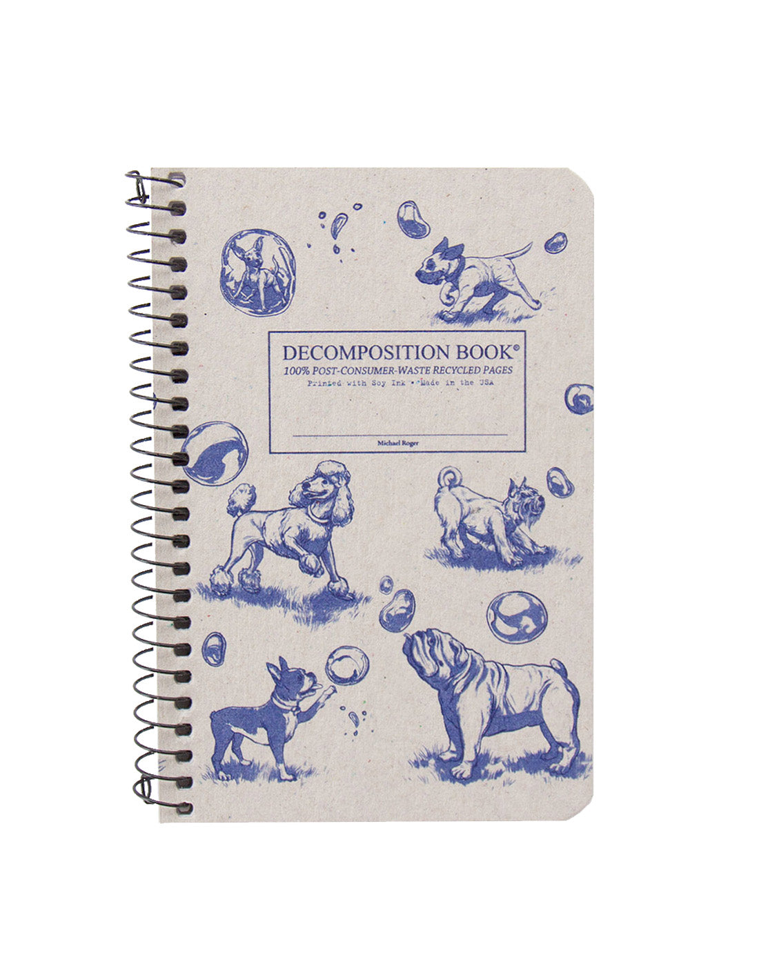 Spiral notebook printed with dogs playing with bubbles