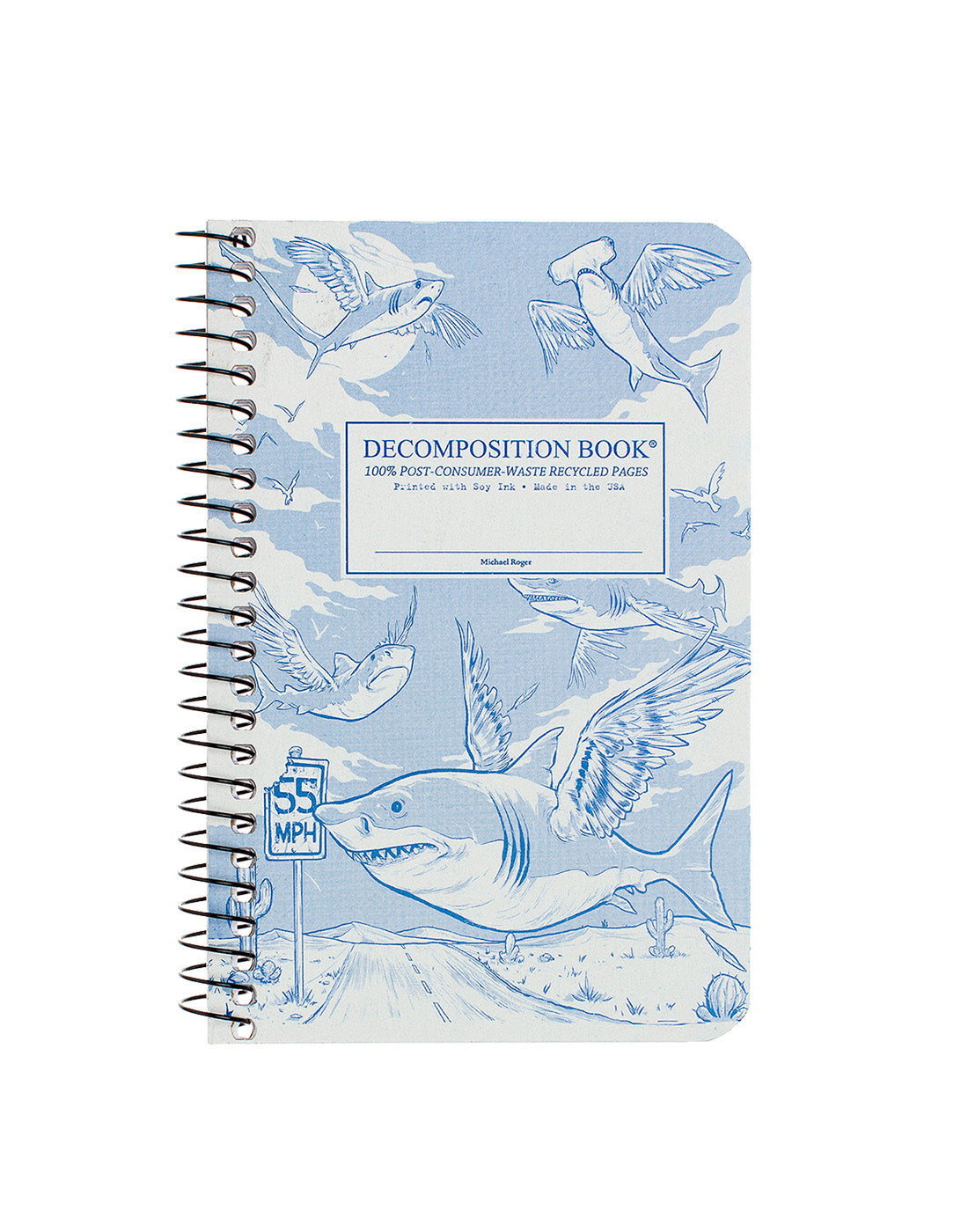 Spiral notebook printed with winged sharks in blue