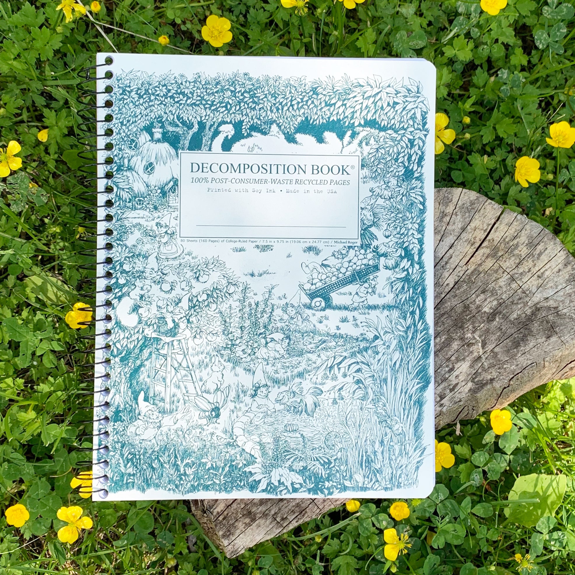 Spiral notebook printed with gnomes harvesting produce