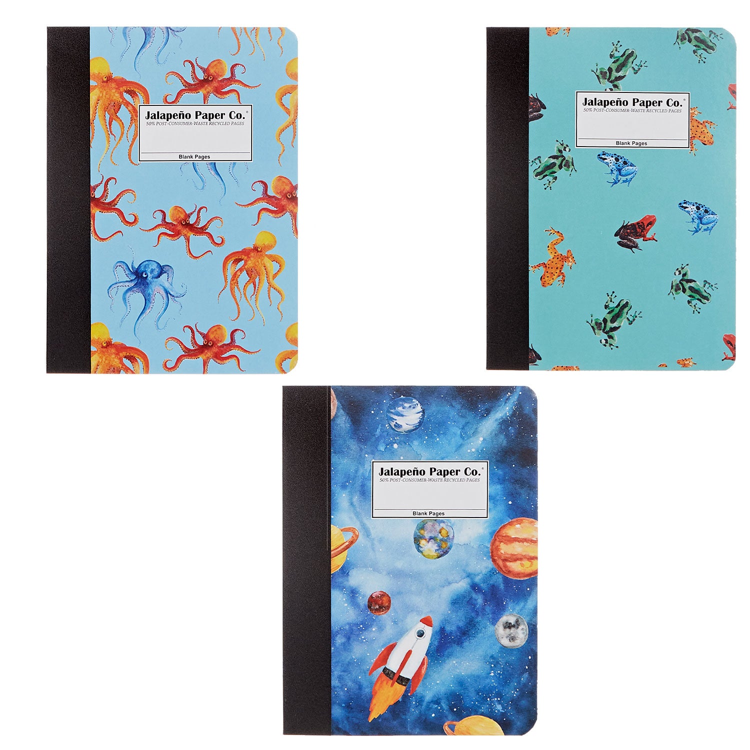 Set of 3 notebooks printed with octopuses, frogs and a spaceship