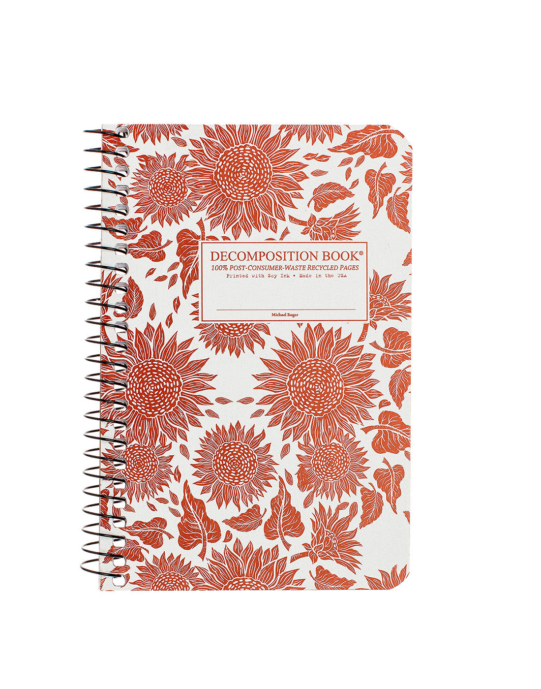 Spiral notebook printed with a bright orange sunflower pattern