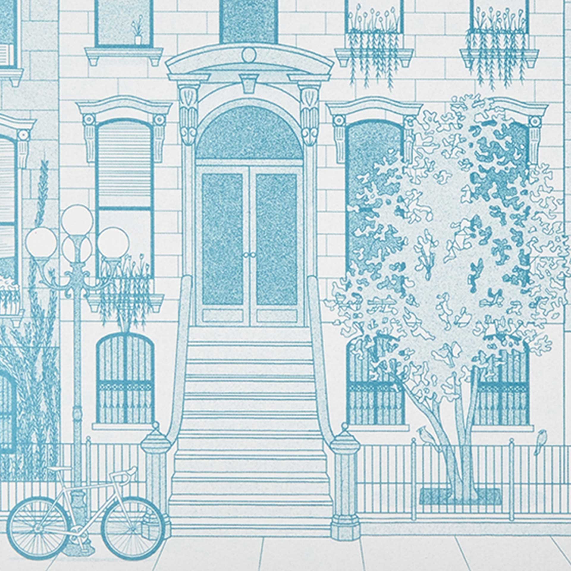 Closeup of  an urban residential streetscape in blue