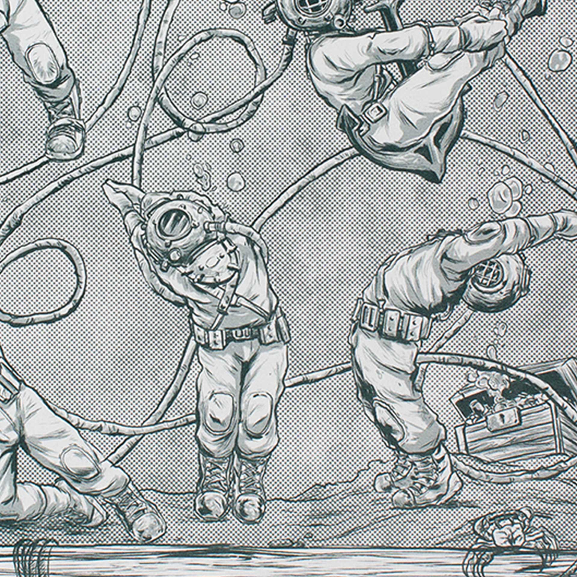 Closeup of printed deep sea divers doing yoga