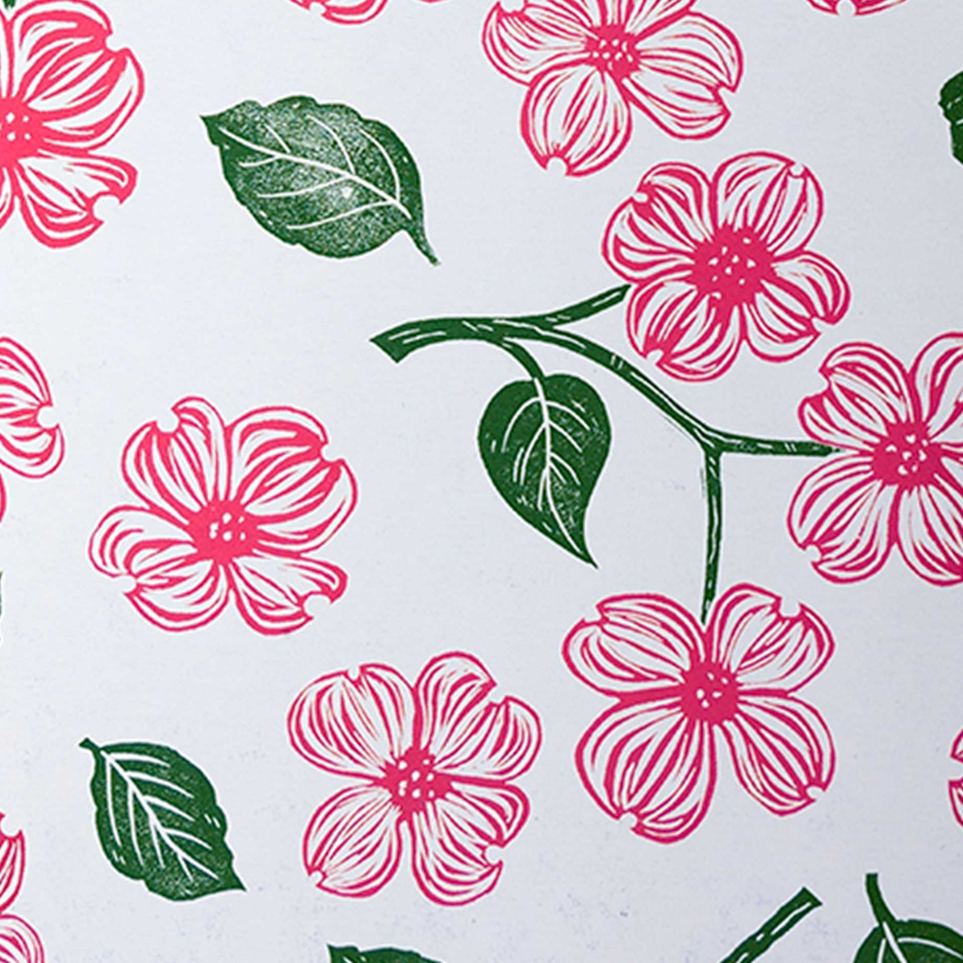 Closeup of printed pink and green flowers