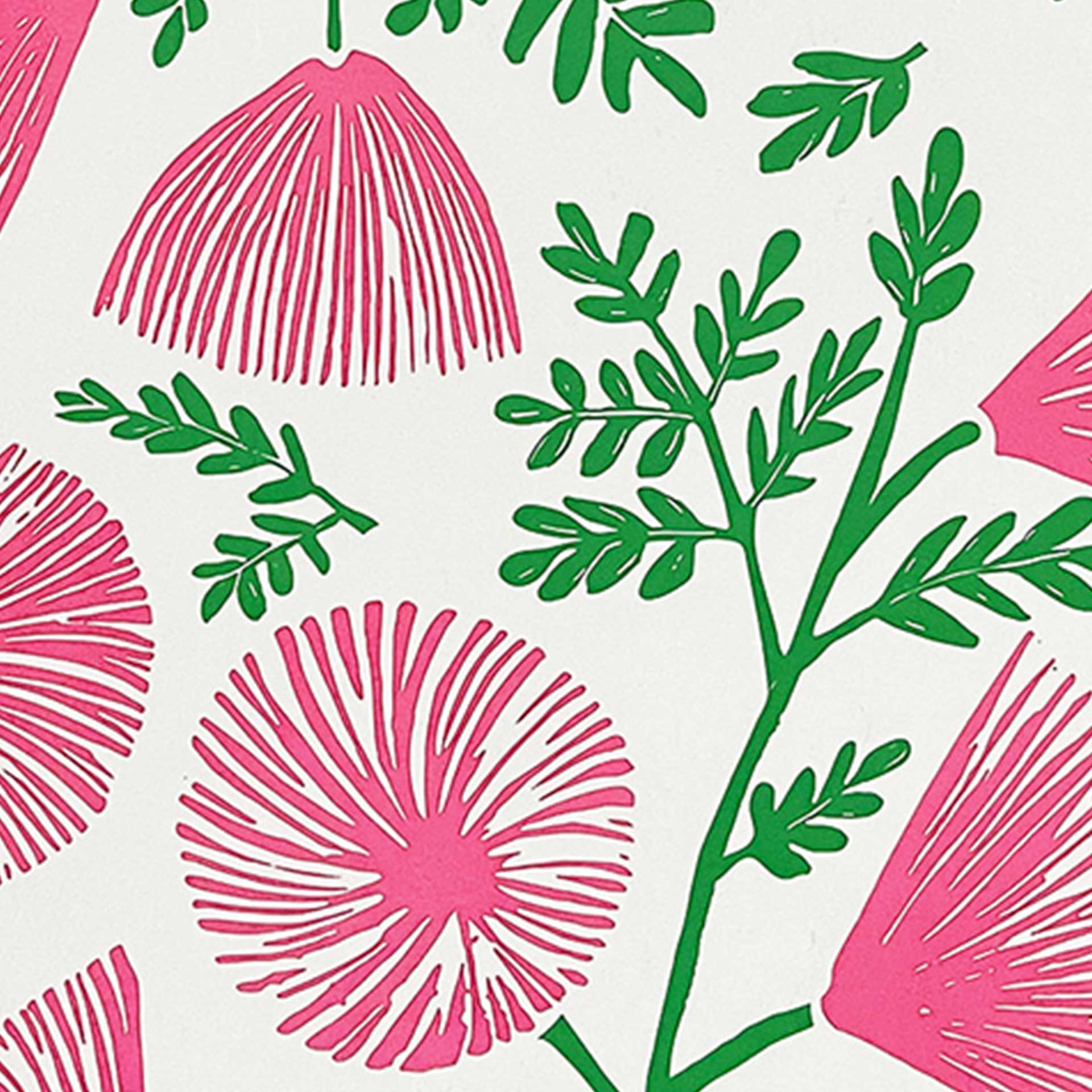 Closeup of printed pink and green flowers