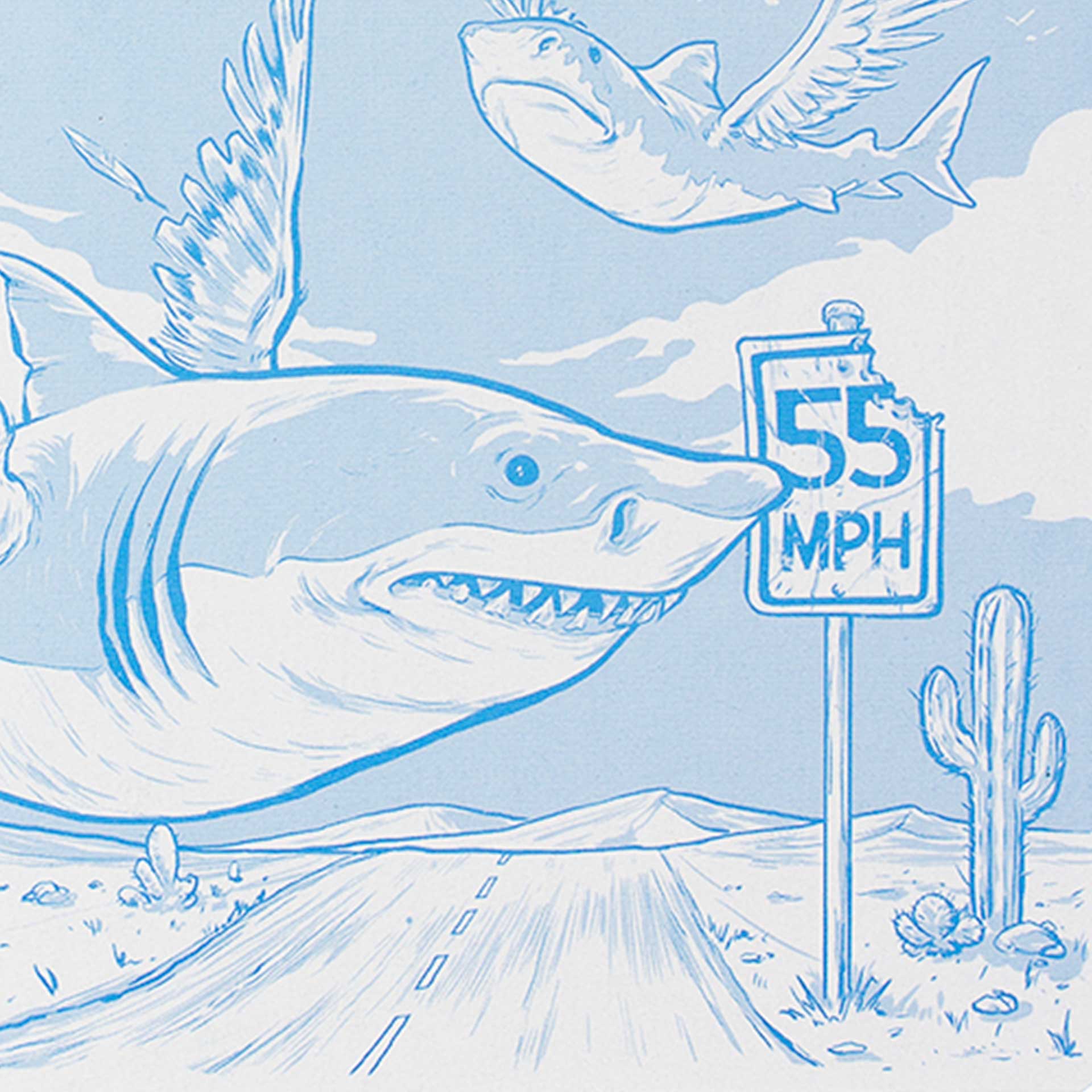 Closeup of winged sharks in blue