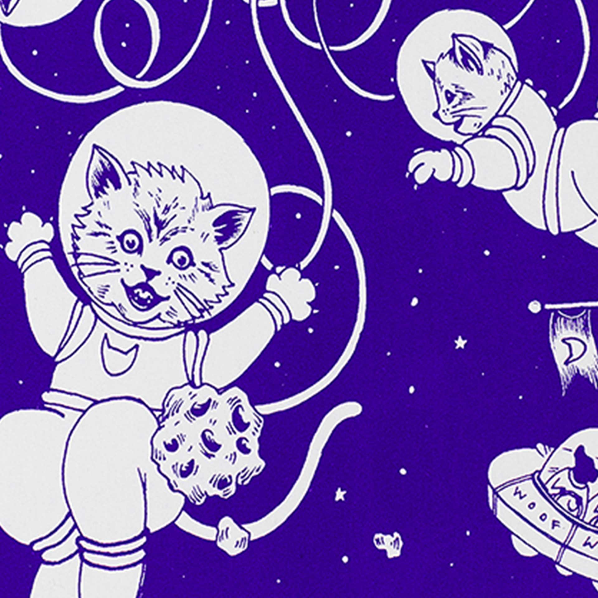Closeup of printed astronaut kittens in blue