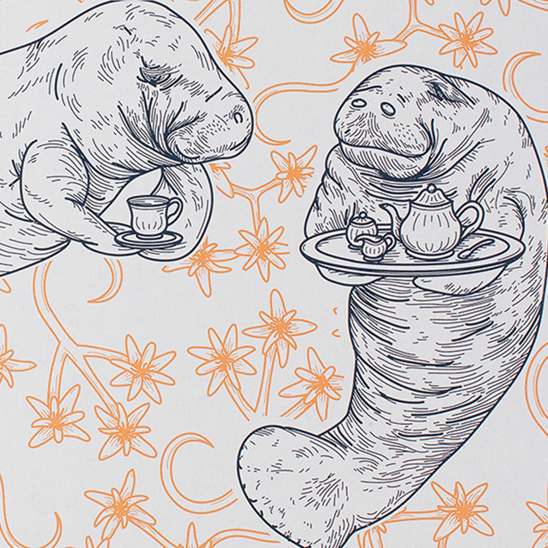 Closeup of printed manatees drinking tea