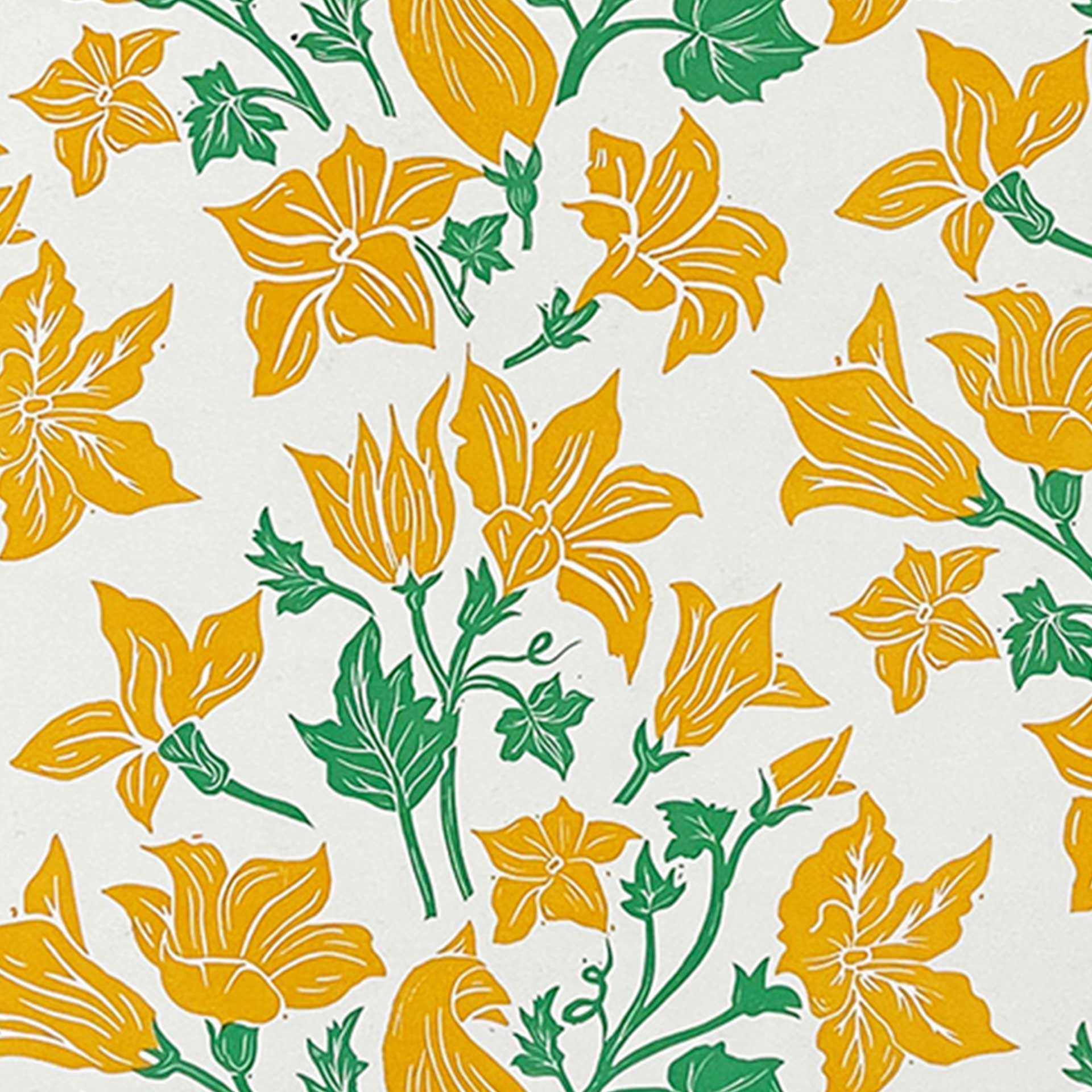 Closeup of printed orange and green flowers