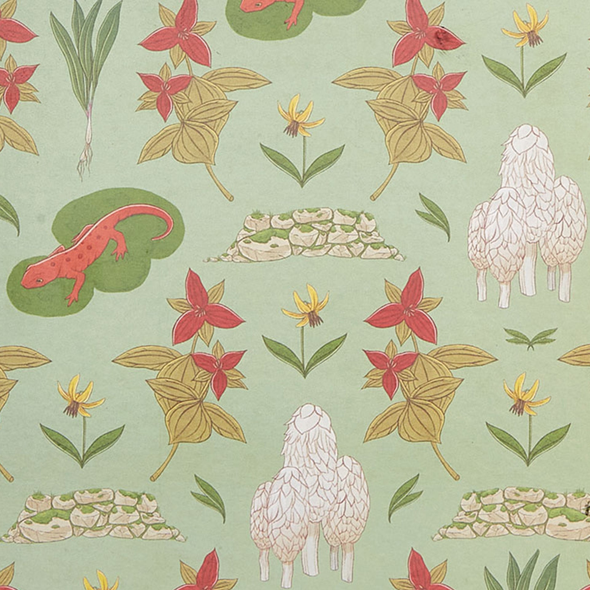 Closeup of flowers, salamanders and mushrooms printed on light green