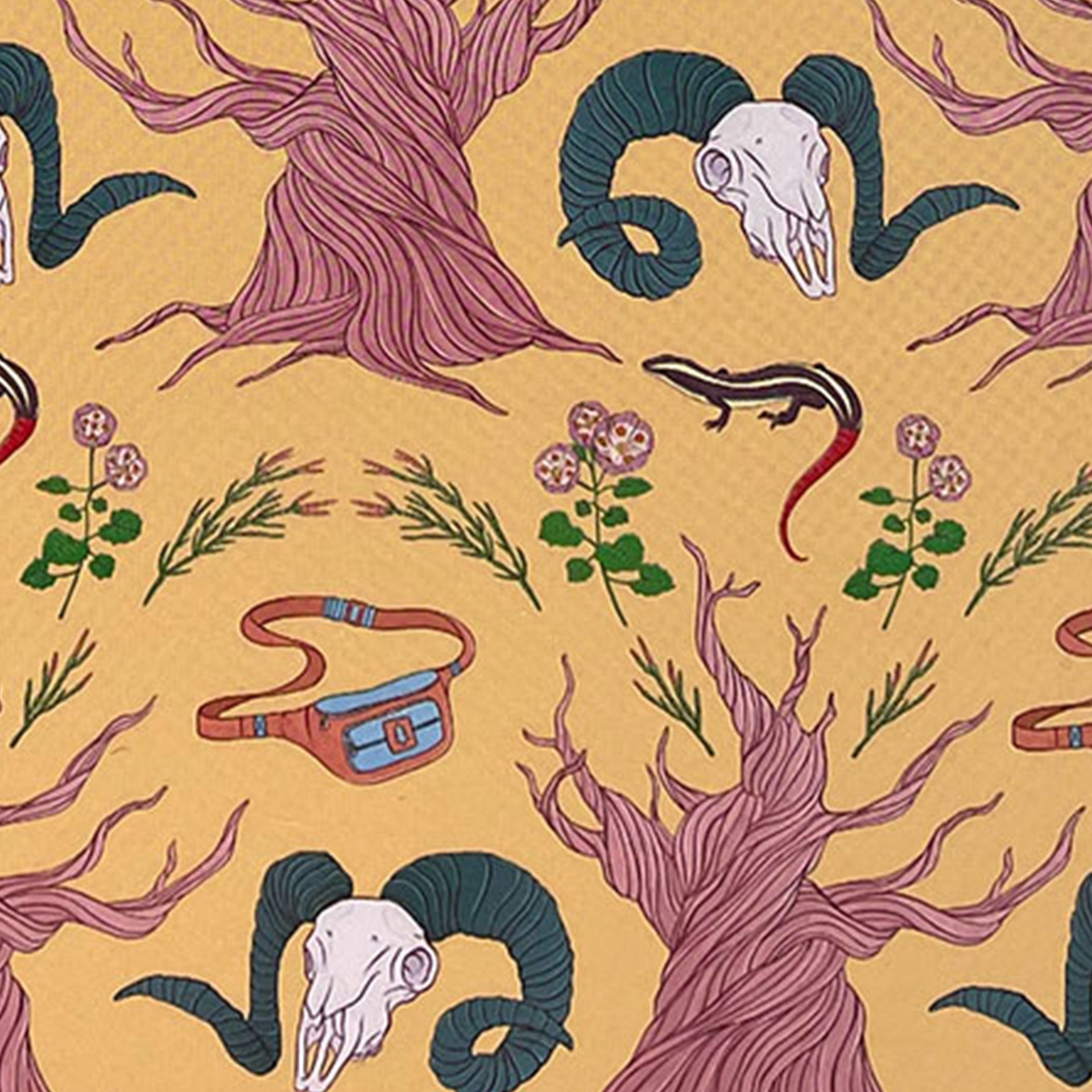Closeup of gnarled trees and animal skulls printed on yellow