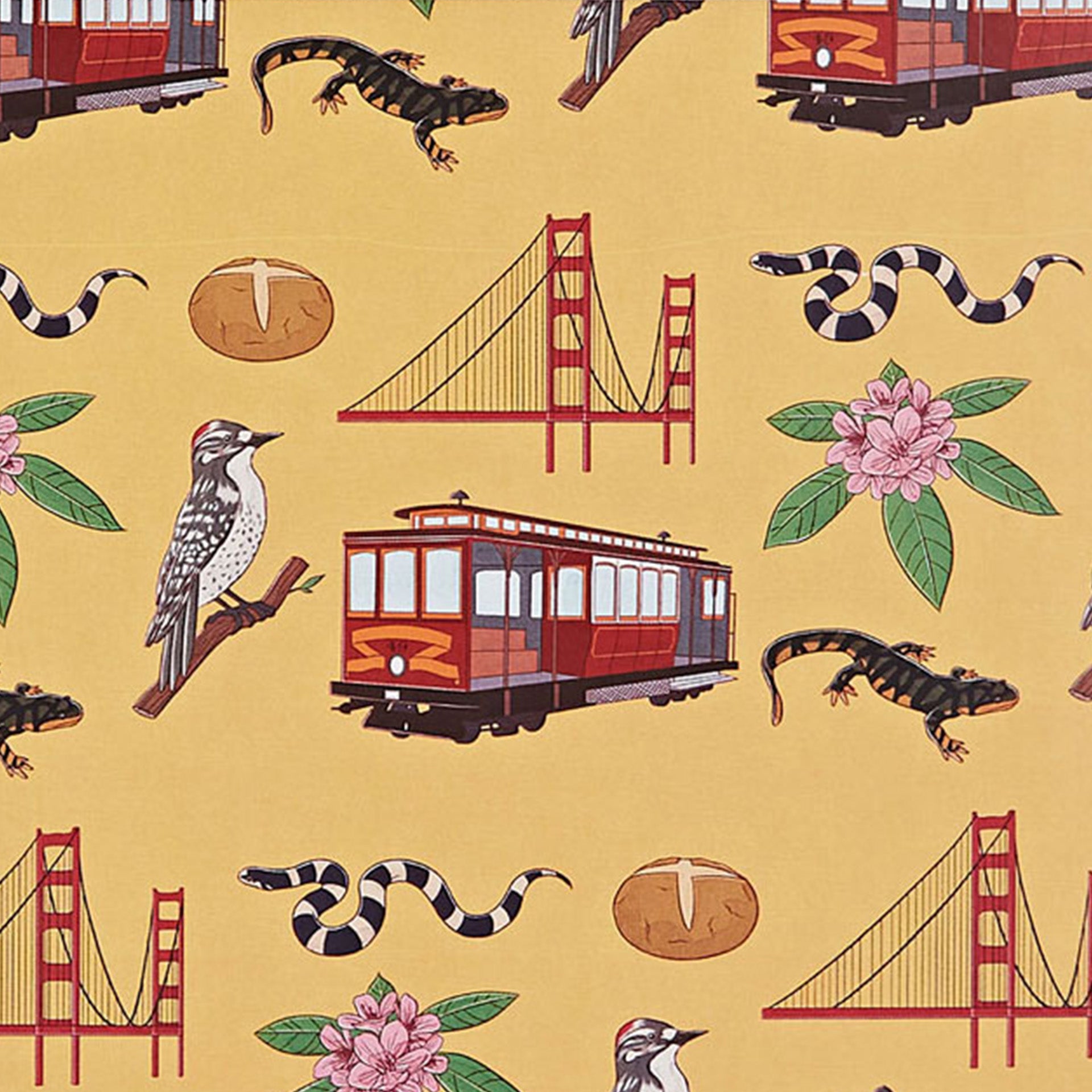 Closeup of printed trolleys, bridges and wildlife