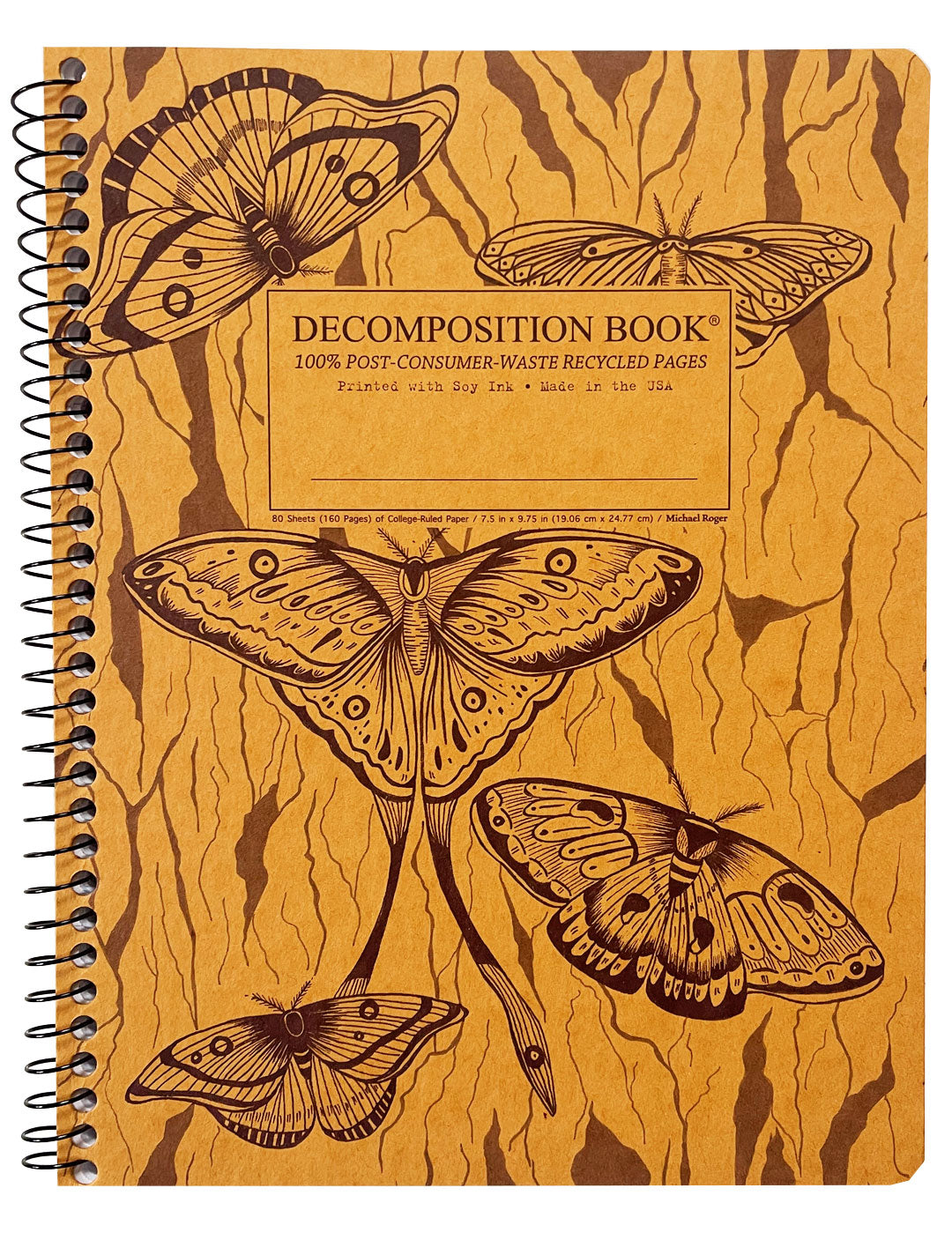 Spiral notebook printed with moths in brown and yellow