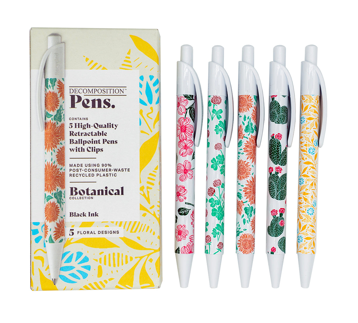 Five pens with flower designs and box