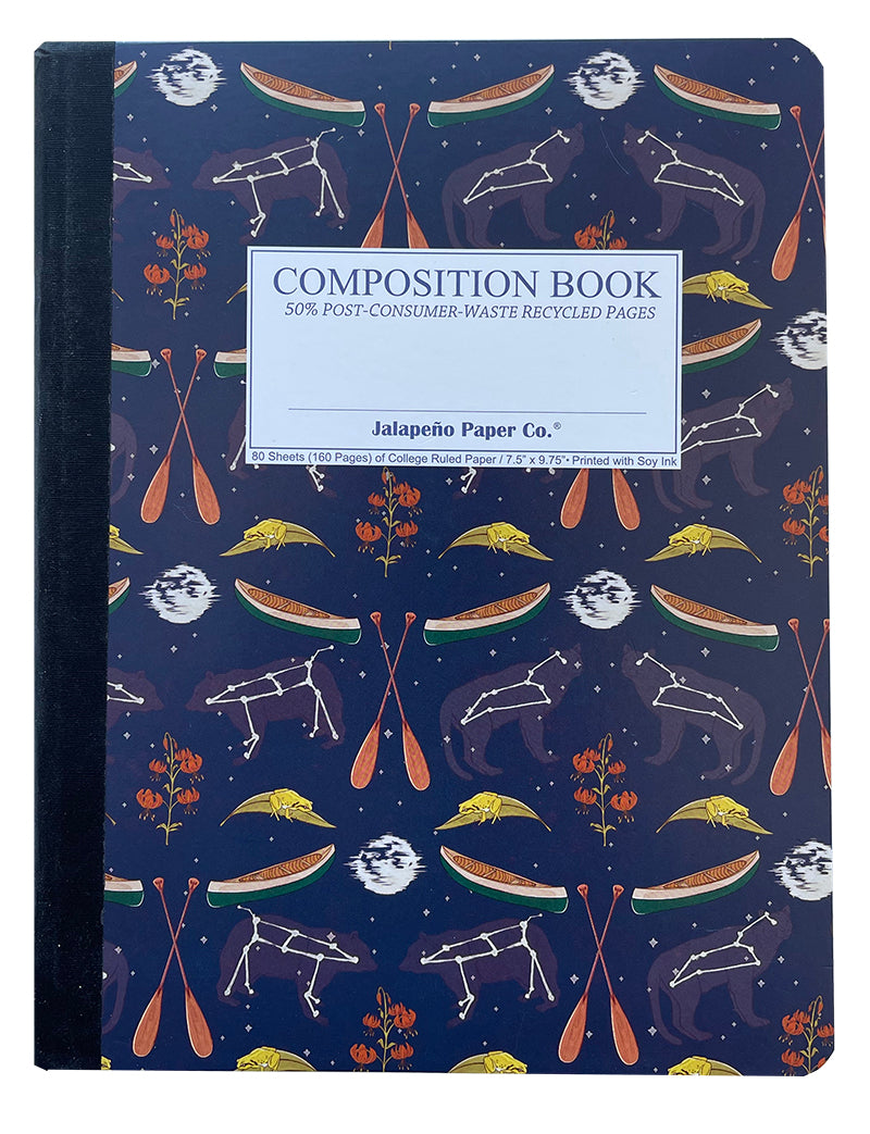 Composition notebook printed with canoes and constellations 