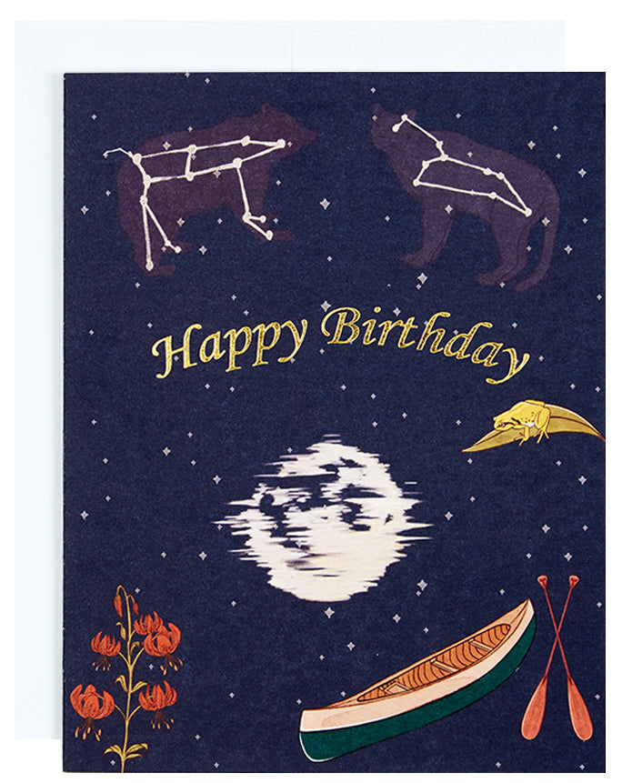 Greeting card printed with the text Happy Birthday and the moon reflected in water