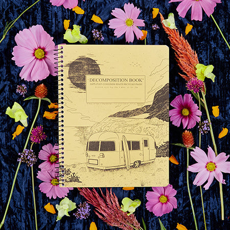 Spiral notebook printed with a seaside trailer