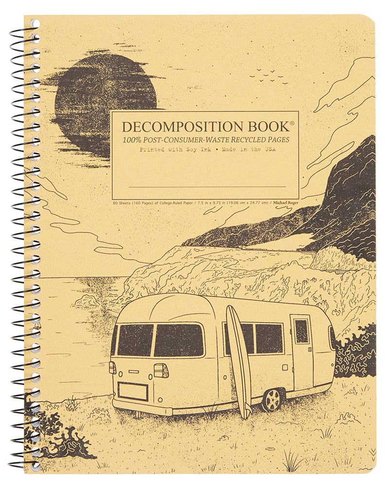 Spiral notebook printed with a seaside trailer