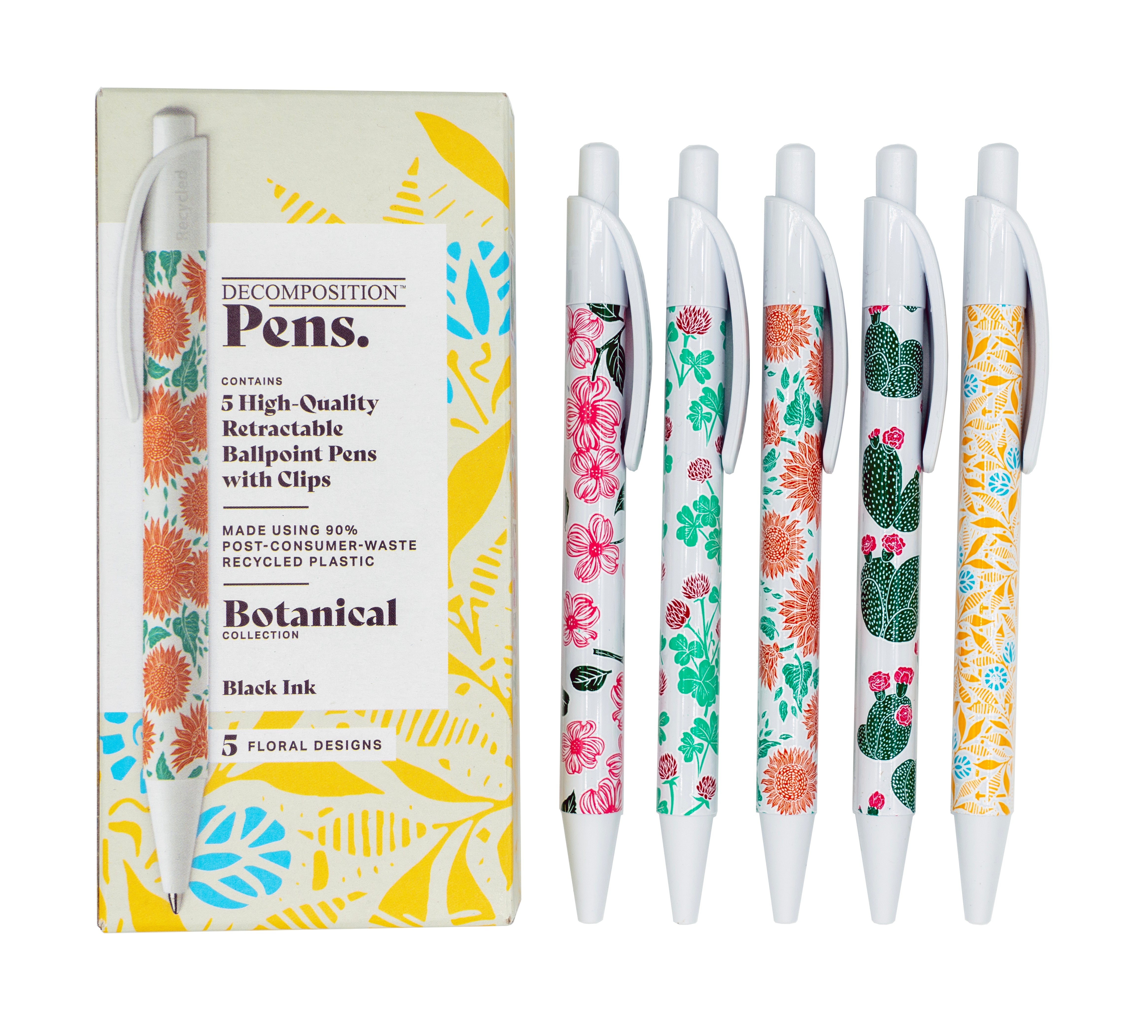 Box of five ballpoint pens with floral printed barrels