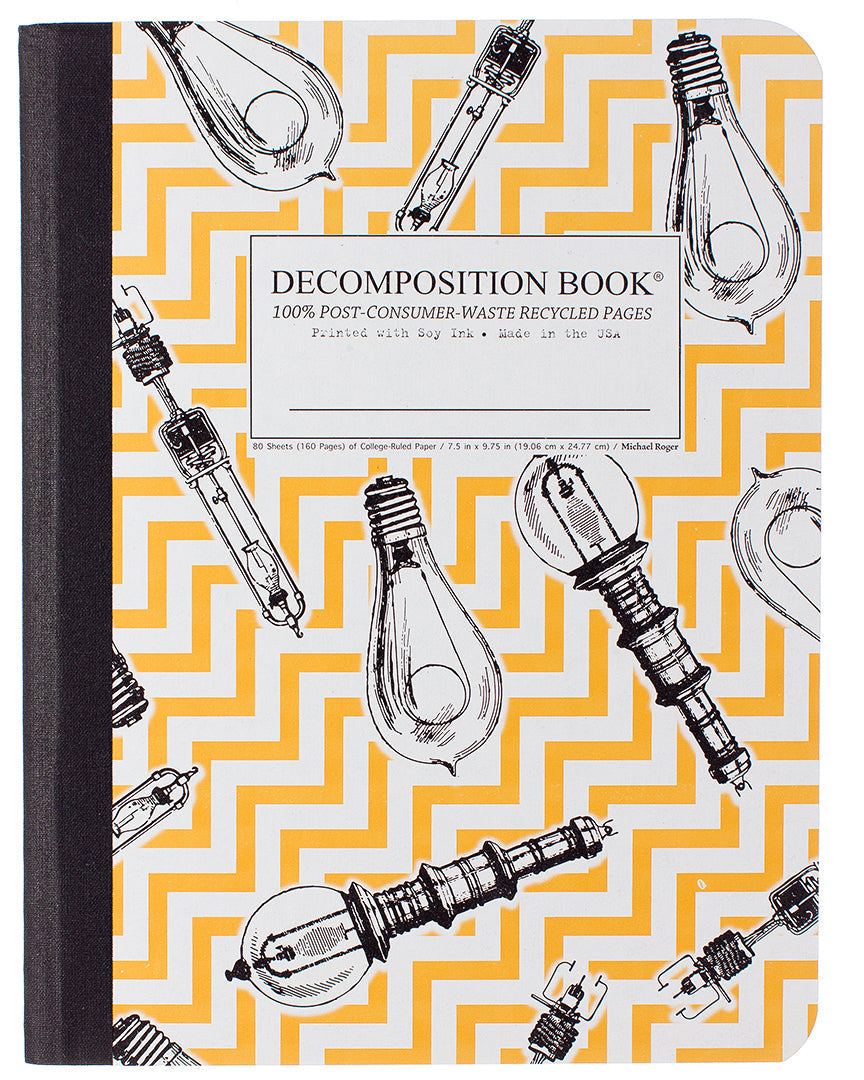 Composition book with a vintage lightbulb and yellow chevron print